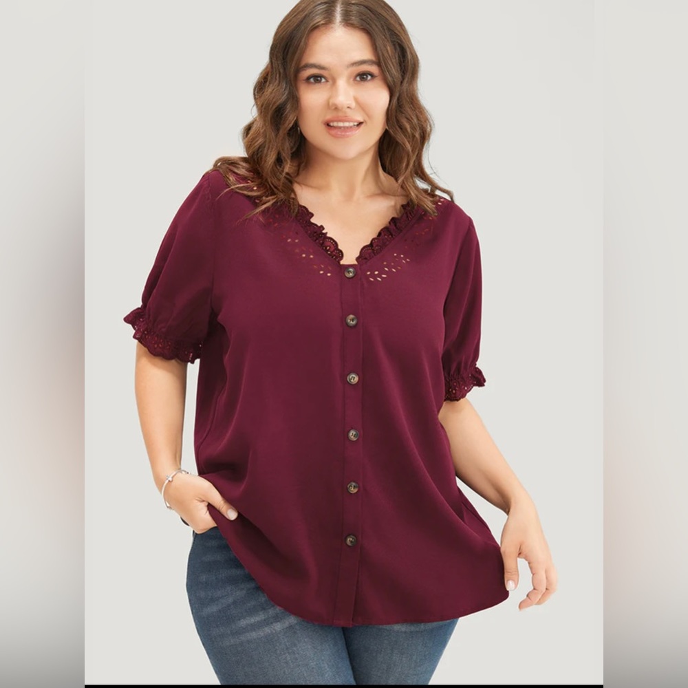 Solid Lace Trim Button Up Laser Cut Puff Sleeve Blouse
